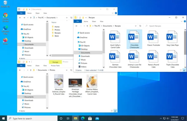 Windows 10 Enterprise multitasking view with multiple apps open, highlighting productivity features and digital license activation for Windows 10 Enterprise license
