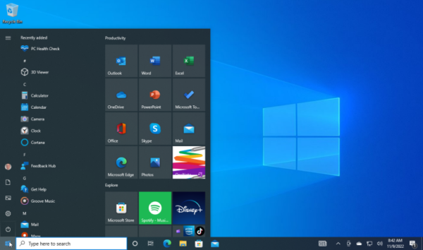 Windows 10 Enterprise start menu with productivity apps and modern interface, showcasing digital license features for Windows 10 Enterprise license activation.