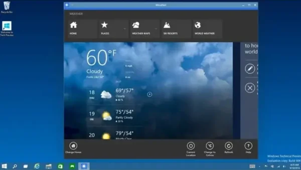 Windows 10 Home desktop with Weather app – activated with Digital License.