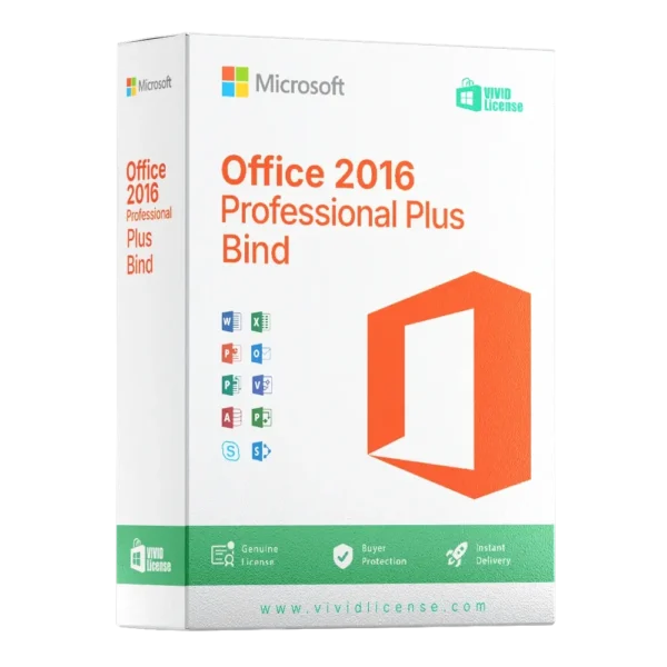 Microsoft Office 2016 Professional Plus Bind digital license package including Word, Excel, PowerPoint, Outlook, and other Microsoft Office apps for PC
